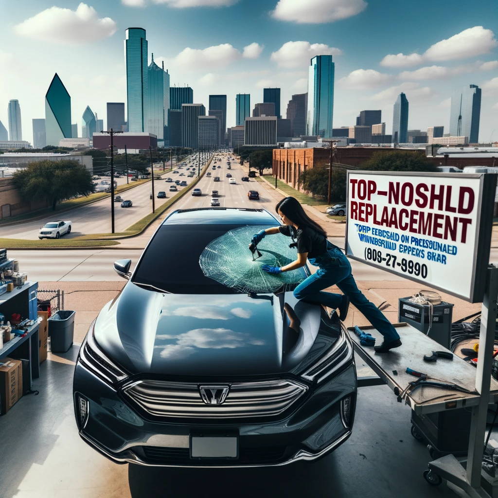 Professional technician replacing a car's windshield with the Dallas skyline in the background, next to a 'Top-Notch REPLACEMENT' sign.