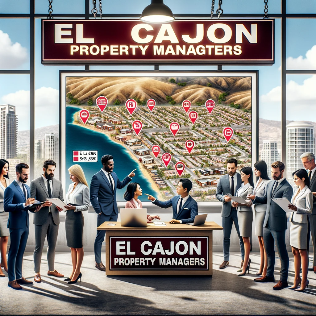Busy real estate office in El Cajon, San Diego County, with the sign 'El Cajon Property Managers'. Inside, diverse property managers interact with clients, showcase property listings on digital screens, and engage in discussions. A map of El Cajon in the background highlights various properties, emphasizing the area's real estate opportunities.