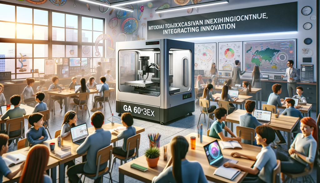 Digital artwork of the GA 60x36EXT machine in a modern, technology-rich classroom, surrounded by interactive students and educators, highlighting its innovative educational application.