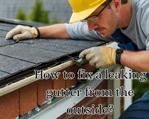 a roofer fixing roof gutter from the outside